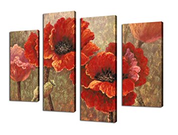 Canvas Wall Art Red Poppy Abstract Painting Prints on Canvas Framed and Ready to Hang - 4 Panel Contemporary Painting Giclee Prints Fine Art Reproductions for Home and Office Decoration