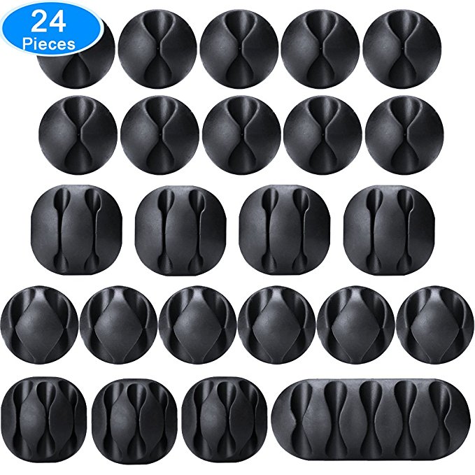 AUSTOR 24 Pieces Cable Clips Adhesive Silicone Cable Holders Desk Cable Management Clips Wire Holder for Cable, Cord and Wire, Black