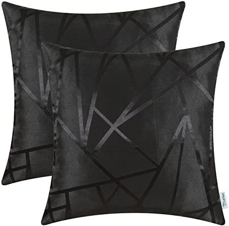 CaliTime Pack of 2 Throw Pillow Covers Cases for Couch Sofa Home Decor Modern Shining & Dull Contrast Triangles Abstract Lines Geometric 18 X 18 Inches Black