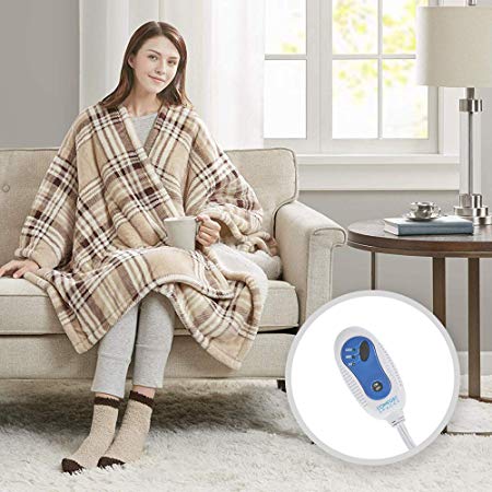 Comfort Spaces Electric Heated Throw Blanket Wrap Ultra Soft Warm Plush Sherpa Reverisble Blanket - 3 Fast Heat Setting - Plaid Tan - 50x64 inches Match Socks Set