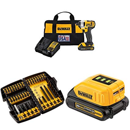 DEWALT DCF885C1 20V Max 1/4" Impact Driver Kit with 12V/20V Max USB Power Source and 34pc Drill Bit Set