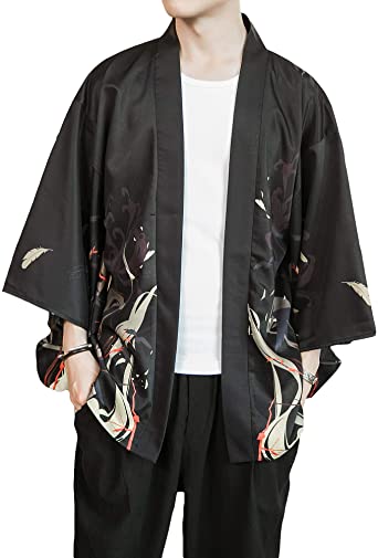 PRIJOUHE Men's Kimono Cardigan Jacket Japanese Style Flying Crane Seven Sleeves Open Front Coat