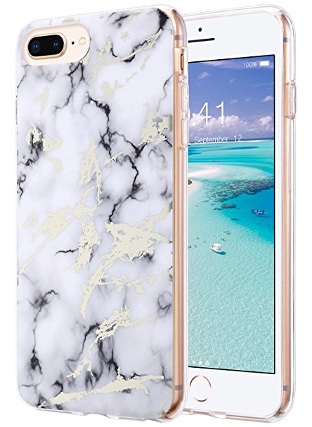 iPhone 8 Plus Case, Marble iPhone 7 Plus Case, ULAK Shiny Glossy White Marble Design Clear Slim Lightweight Soft TPU Rubber Bumper Hard Back Cover for iPhone 7/8 Plus