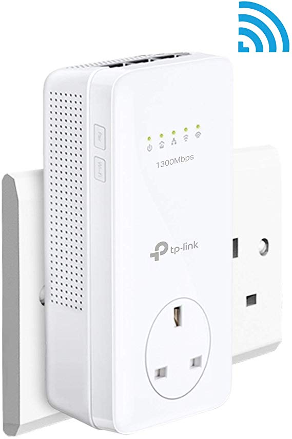 TP-Link TL-WPA8630P Dual Band Gigabit AC1350 Add-On Powerline Adapter, Range Extender, WiFi Extender/Booster, Data Transfer Speed Up To 1300 Mbps, Extra Power Socket, No Configuration Required