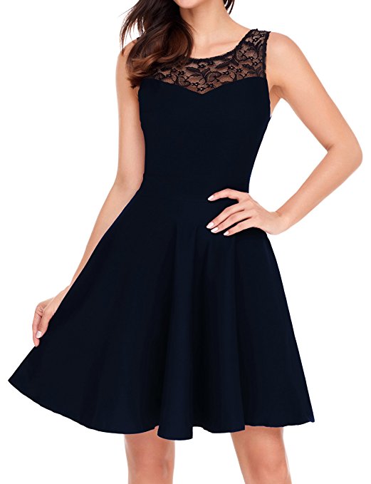 Newbely Women Sleeveless Lace Floral Round Neck Vintage Retro Cocktail Swing Dress
