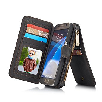 Galaxy S7 Wallet Case, Vintage Genuine Leather Case Wallet for Samsung Galaxy S7, with Card Pocket Zipper Magnetic Flip Case [2 in 1], Black