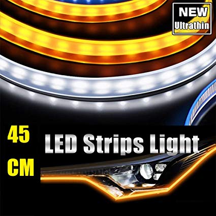 45CM Ultrathin LED Strip Lights DRL Daytime Running Headlight White-Amber Dual Color 2pcs Waterproof Flexible LED Tube Side Signal Light (17inch)