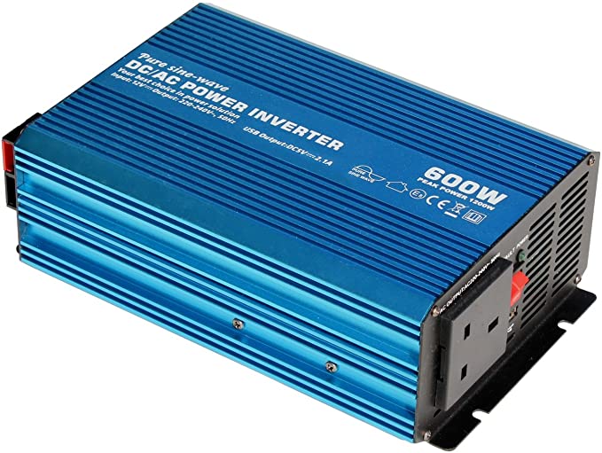 600W 12V pure sine wave power inverter 230V AC output (UK socket), with powerful USB port - for any vehicle, boat or stationary off-grid power application (600 watt 12 volt)