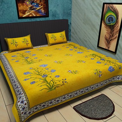 Traditional Mafia Wild Flower Collection 100% pure Cotton Printed double King Size Bedsheet with 2 pillow Covers, Yellow
