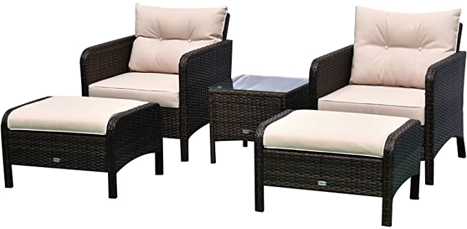 Outsunny 5 Piece Rattan Wicker Outdoor Patio Conversation Set with 2 Cushioned Chairs, 2 Ottomans & Glass Table, Beige