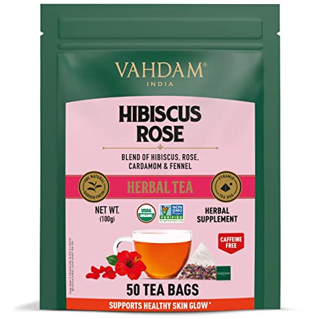 VAHDAM Organic Hibiscus Tea Bags with Rose-50 Units | 100% Fresh and Organic Herbal Tea for Weight Loss | Calming Hibiscus Flower & Rose Petals | For Stress Relief & Good Sleep, 50 Pyramid Tea Bags