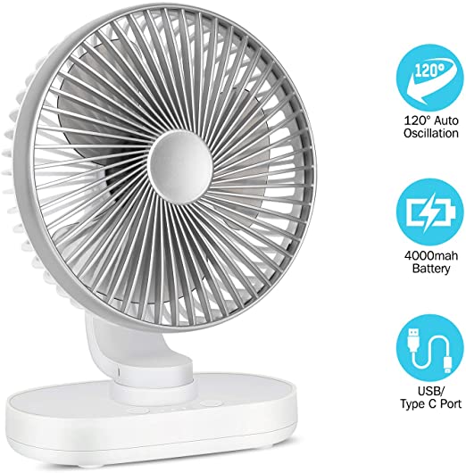 OCUBE Auto Oscillation Desk Fan, 4000mAh USB Rechargeable Battery Operated Fan, 6.5 Inch Quiet Portable Table Fan, 4 Speeds Electric Cooling Personal Fan for Home, Bed, Office Outdoor-Silver