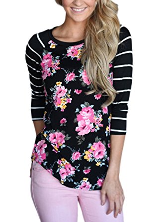 Dearlovers Womens Striped 3/4 Sleeve Floral Blouse Tops Casual Tshirts