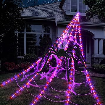 Halloween Spider Web Lights Decoration 250LED Light up Spider Webs Halloween Decorations Outdoor with 59" Large Spider & 3.53oz Stretch Cobweb 16.4Ft Giant Web with 8 Modes (Purple & Orange)