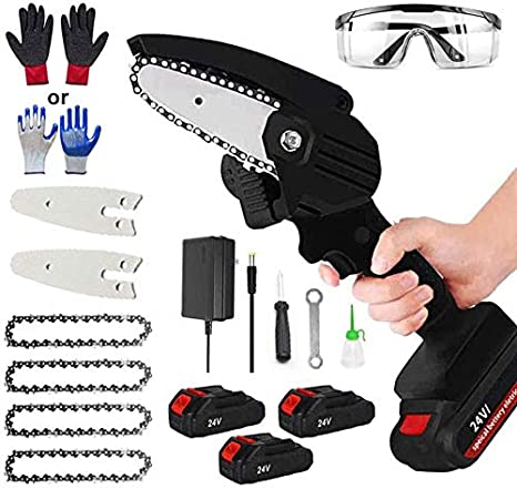 Mini Chainsaw Set 4-Inch Cordless 24V Electric Portable Chainsaw with Three 2000mAh Batteries and 4 Chain Pruning Shears for Courtyard Tree Branch Wood Cutting