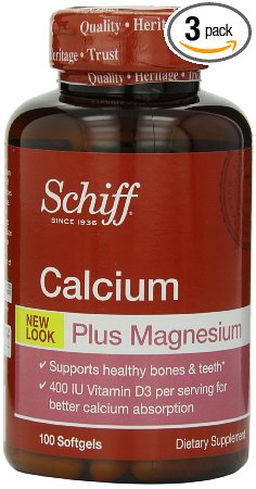 Schiff Calcium Carbonate Plus Magnesium with Vitamin D3 400 IU, Calcium Supplement, 100 Count (Pack of 3)