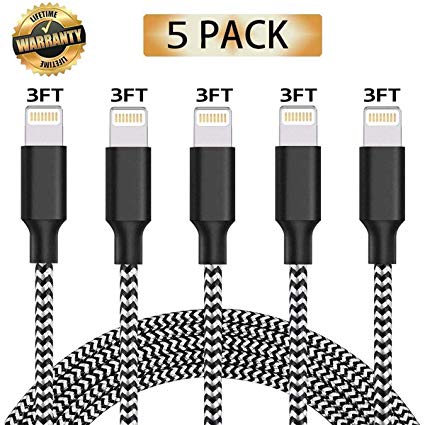 iPhone Charger, 5 Pack 3Ft Lightning Cable, Nylon Braided Charging Cables USB Charger Cord Syncing Cord Compatible with iPhone 7/Plus/XS Max/XS/XR/X 10/8/Plus/6S 6 Plus/SE/5S/5C More