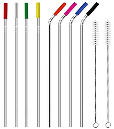 Ouddy Stainless Steel Straws, Set of 8 Reusable Straws Ultra Long 10.5 Inch Metal Straws for 30/20 Ounce Tumblers Rumblers Cold Beverage with 8 Silicone Tips, 2 Brushes(4 Bent   4 Straight)