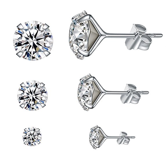 YAN & LEI Sterling Silver Ear Studs Set of 3 with Swarovski Crystal in 4,6,8 mm