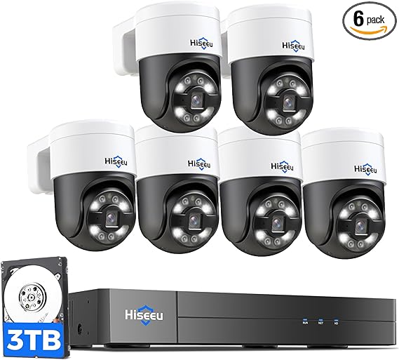 [300°Pan 90°Tilt Human Tracking] Hiseeu 4K PoE PTZ Camera System,NVR Security Camera System w/6Pcs 5MP Wired Security Camera Outdoor&Indoor,2-Way Audio,Waterproof,7/24 Record for Home Surveillance