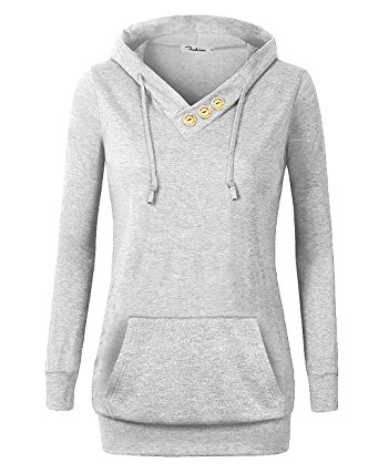 VOIANLIMO Women's Sweatshirts Long Sleeve Button V-Neck Pockets Pullover Hoodies