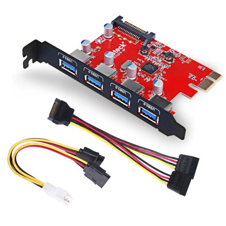 Inateck Superspeed 4 Ports PCI-E to USB 3.0 Expansion Card - Interface USB 3.0 4-Port Express Card Desktop with 15 Pin SATA Power Connector, [ Include with A 4pin to 2x15pin Cable   A 15pin to 2x 15pin SATA Y-Cable ]