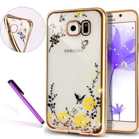 S7 Case Samsung Galaxy S7 Case EMAXELER Bling Swarovski Crystal Rhinestone Diamond Plating Frame Flexible TPU Case for Samsung Galaxy S7 Butterfly & Yellow flowers[Gold]