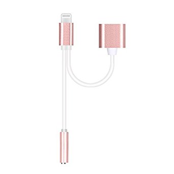 2 in 1 Lighting charging Cable to 3.5mm Headphone Jack adapter for iPhone 7 7Plus ,Listen to Music with Favorite Headphone and Charge Your iPhone7 At the Same time(Rose Gold)