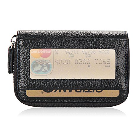 RFID Blocking Genuine Leather Zip Around Accordion Credit Card Holder Wallet with ID Card Window