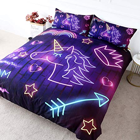 BlessLiving Purple Unicorn Bedding Boys Neon Unicorn Bed Set Gold Stars and Pink Heart Crown Print Magical Bedspread 3 Piece Cute Girls Duvet Cover Sets (Single)