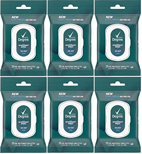 Degree Men On-The-Go Deodorant Wipes Cool Rush, 25 Towelettes 6 Pack
