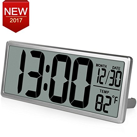 TXL 13.8" Jumbo Digital Large LCD Display Alarm Clock ,Wall Clock with Oversized Digits, Date/Time/Temperature Display,Desk Clock with Snooze Button,Battery Included,Silver