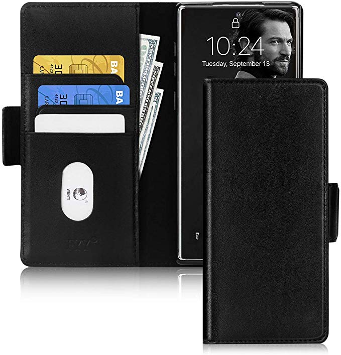 Fyy Samsung Galaxy Note 10 Case, [Cowhide Genuine Leather][RFID Blocking] Flip Wallet Phone Case Cover with Card Slots for Samsung Galaxy Note 10 (2019) Black