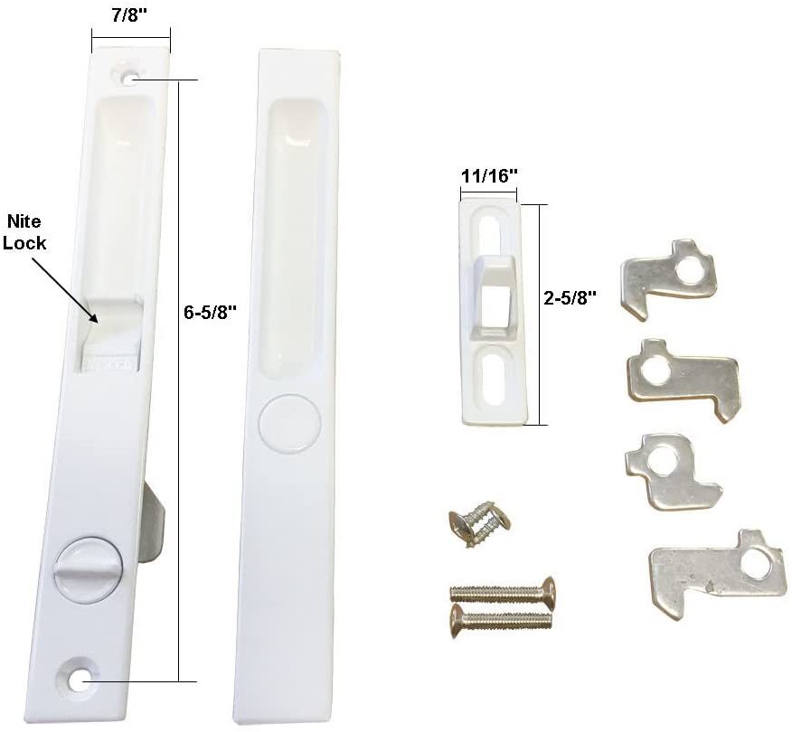Sliding Glass Door Handle Set, Non-Keyed, Flush Mount, with"Nite-Lock" and Five Hook Assortment, White, 6-5/8" Screw Holes