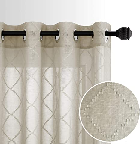 Faux Linen Textured Sheer Curtains 63 Inch Length for Living Room Bedroom Moroccan Check Brown Diamond Lattice Embroidered Grommet Voile Panel Drapes 2 Panels