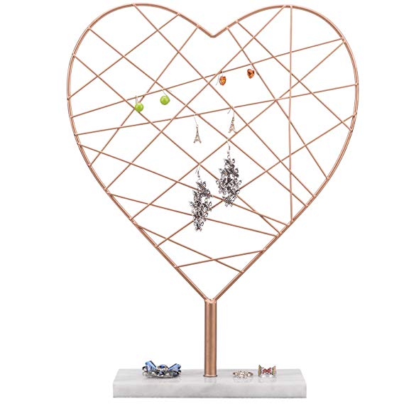 MyGift Vintage Rose Gold Heart-Shaped Earring Display Stand with Marble Base