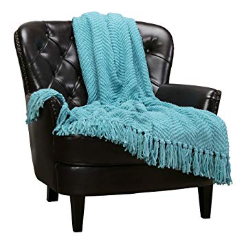 Chanasya Textured Knitted Super Soft Throw Blanket with Tassels Warm Cozy Plush Lightweight Fluffy Woven Blanket for Bed Sofa Couch Cover Living Bed Room Acrylic Blue Throw Blanket (50x65)- Aqua