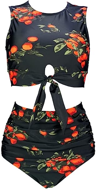 COCOSHIP Women's Retro High Waist Ruched Bikini Set Tie Front Knot Tank Top Two Piece Tankini Ruffle Swimsuit