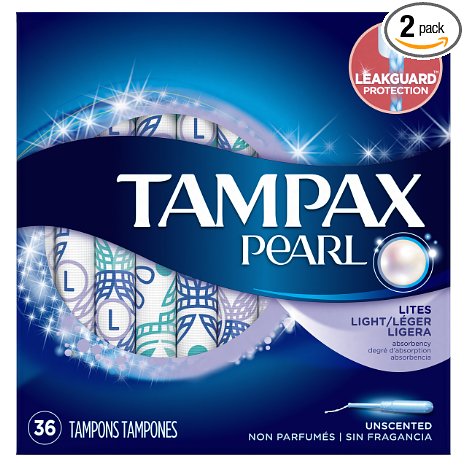 Tampax Pearl Plastic Tampons, Light Absorbency, Unscented, 36 Count (Pack of 2),Packaging May Vary