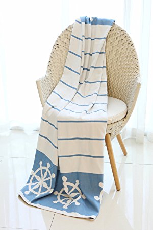 Mika Home Nautical Reversible Cozy Bamboo Fiber Oversized Throw Blanket for Couch, Sofa, Travel, 50X70", Blue, White