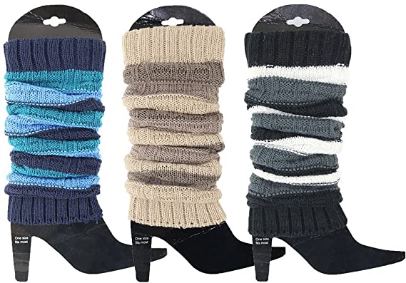 3 Pack Women's Fall Winter Warm Colorful Striped Knit Leg Warmers Long Socks