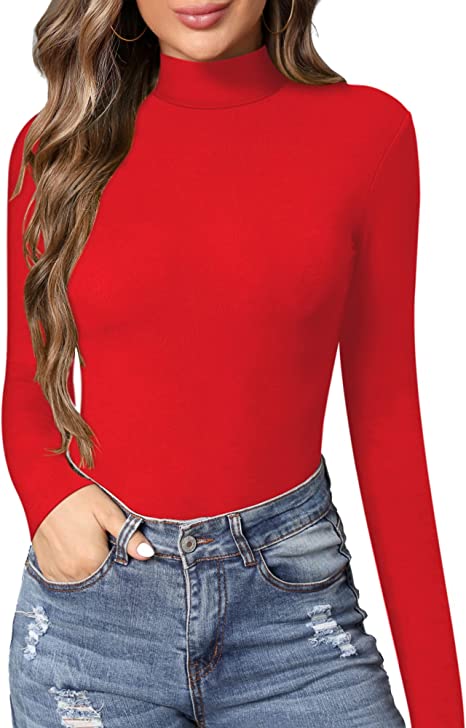 MANGOPOP Women's Mock Turtle Neck Slim Fit Long Sleeve T Shirts Tight Tops Tee