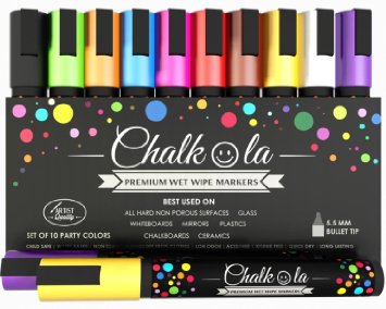 Chalk Pens - Pack of 10 neon colour markers Used on Whiteboard Chalkboard Window Blackboard Bistros Glass Water based wet wipe erasable pen - 6 mm Bullet Tip