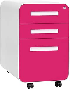 Laura Davidson Furniture Stockpile 3 Drawer File Cabinet with Lock - Under Office Desk Metal Filing Cabinet, Legal/Letter File Folders, Wheels and Stationary Feet, Pre-Assembled, Hot Pink Faceplate