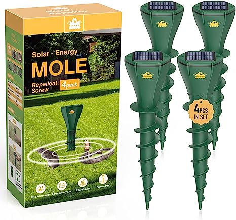 Mole Repellent Screw for Lawns, Mole Traps Solar Powered Outdoor Gopher Deterrent, Quiet Design Vole Killer Get Rid of Snake Armadillo Groundhog - IP65 Waterproof (Green 4pack)