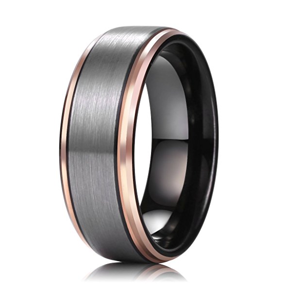 King Will Mens 8mm Black Tungsten Carbide Ring Brushed Finish Rose Gold Plated Wedding Band