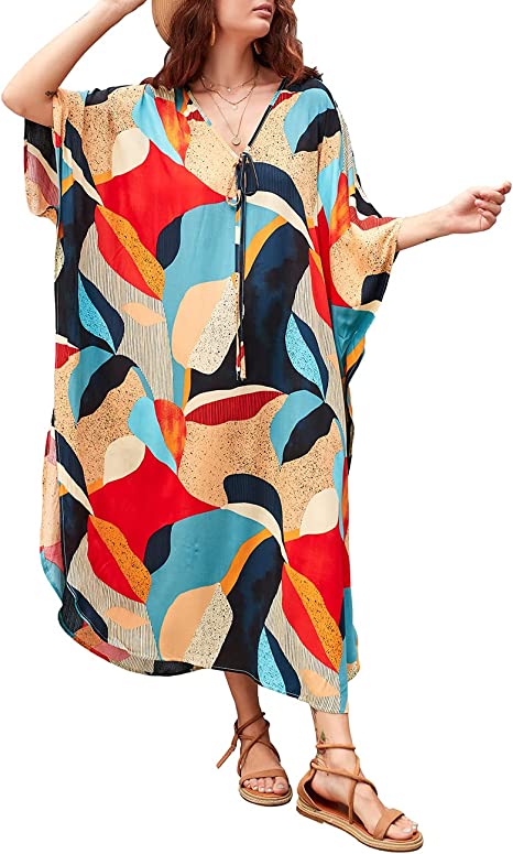 Bsubseach Women Geometric Kaftan Dresses Long Plus Size Bathing Suit Cover Up Resort Wear