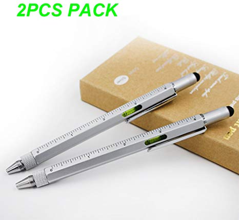 2PCS PACK Screwdriver Pen Multi-Tool Metal Pen – Multi-Functional & Sturdy Aluminum DIY Tool, With Screwdriver, Stylus, Bubble Level, Ruler & Phillips Flathead Bit, Unique Gift Idea (2, LIGHT GREY)