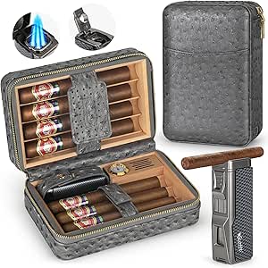 Scotte Cigar Humidor Box, Cigar Lighter Cedar Wood Lined Leather Cigar Case Built in Hygrometer & Humidifier, Torch Lighter with Cigar Holder Cigar Punch Portable Travel Cigar Humidor Kit(No Butane)