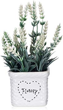 YAPA Potted Lavender Flowers -Small Artificial Plants - Fake Flower with White Ceramic Vase for Home, Party & Wedding Décor